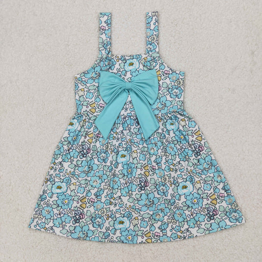 Baby Girl Straps Blue Flower Bow Knee Length Dress RTS