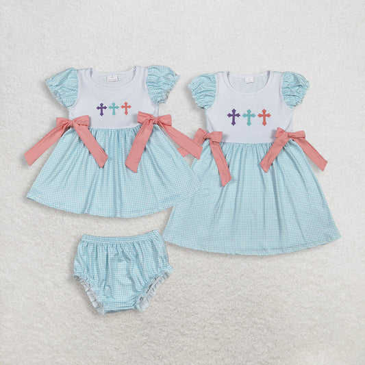 Sibling Baby Girls Kids Embroidery Cross Easter Blue Plaid Easter Dress Set RTS