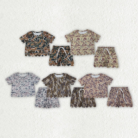 Sibling Baby Girls Kids Short Sleeves Camo Shirts Pockets Shorts Scallop Sets Clothes
