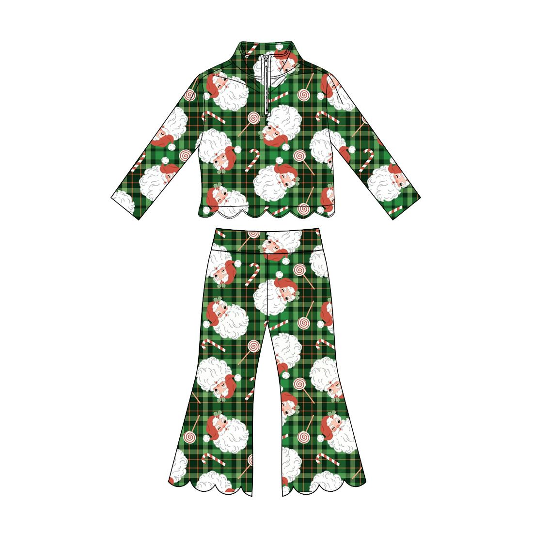 ( Moq 5 ) Preorder Baby Girls Kids Christmas Santa Plaid Shirt Scallop Pants Green Set Clothes