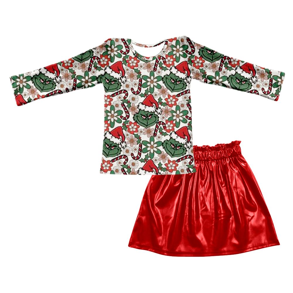 Baby Girl Long Sleeves Christmas Face Shirt Red Leather Skirt Set