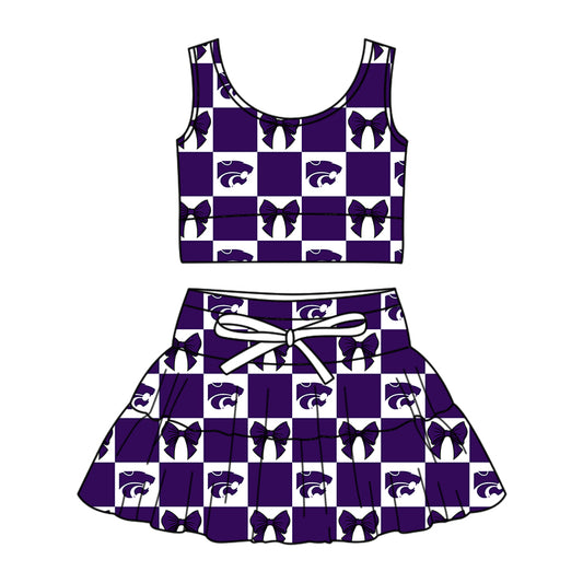 ( Moq 5 ) Baby Girls Toddler Bows Purple Checked Tops Shorts Skirt Team Set