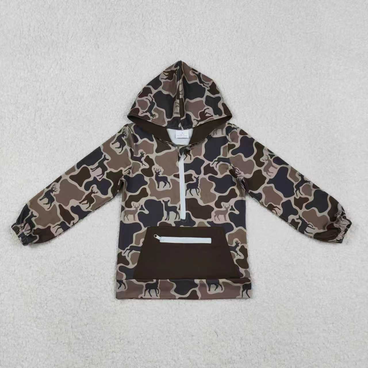 Sibling Boys Kids Long Sleeves Deer Camo Zipper Pullover Pockets Shirt Set Clothes RTS