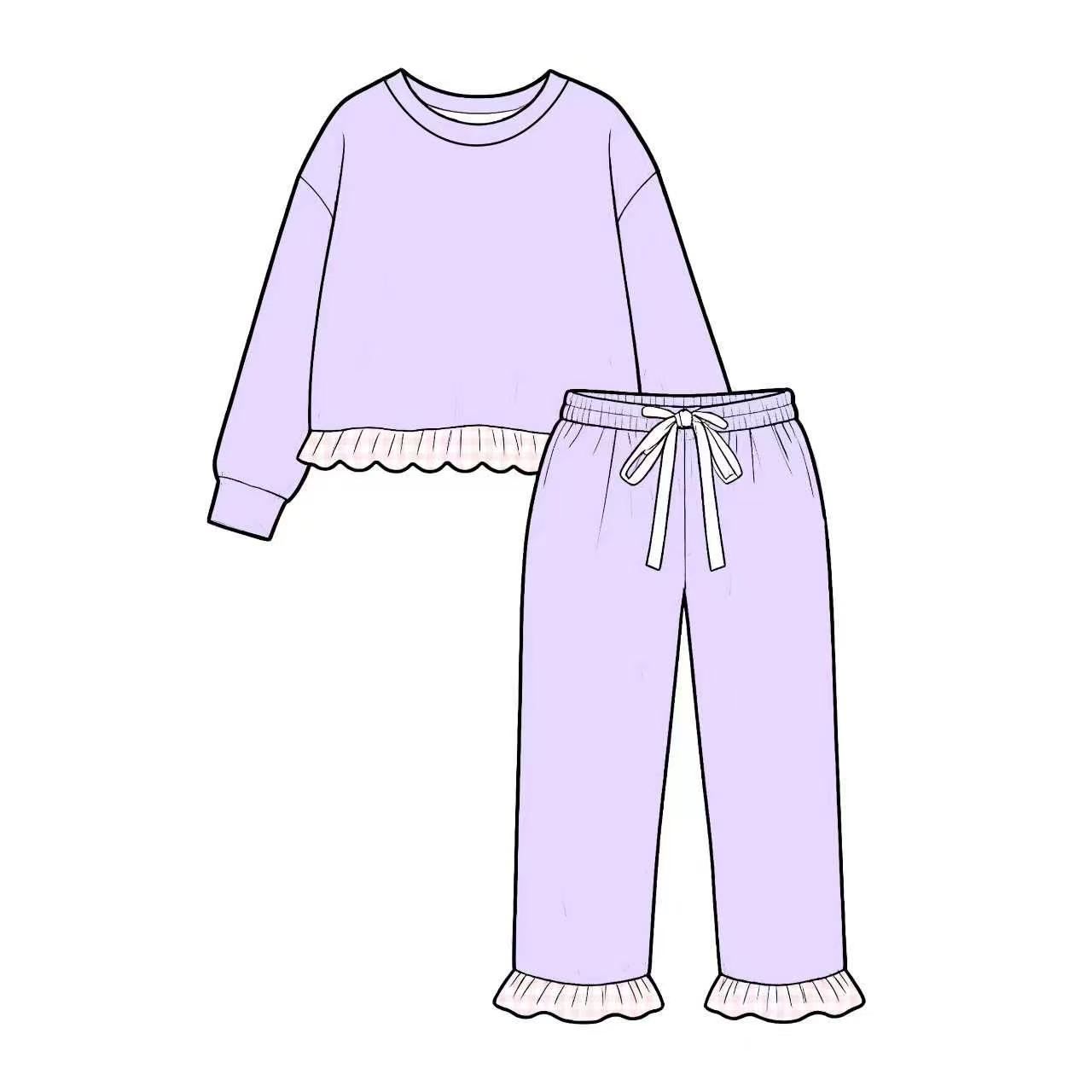 ( Moq 5 ) Preorder Baby Girls Kids Long Sleeves Ruffle Shirt Pants Lavender Set Cotton Clothes