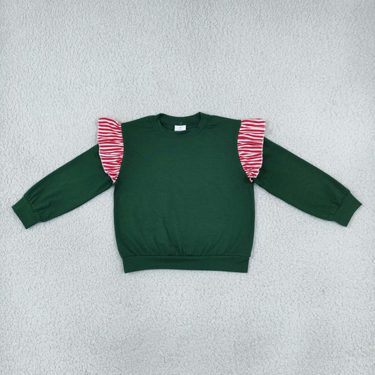 Baby Girls Toddler Stripes Ruffle Long Sleeves Green Shirt Cotton Tops Christmas Clothes RTS