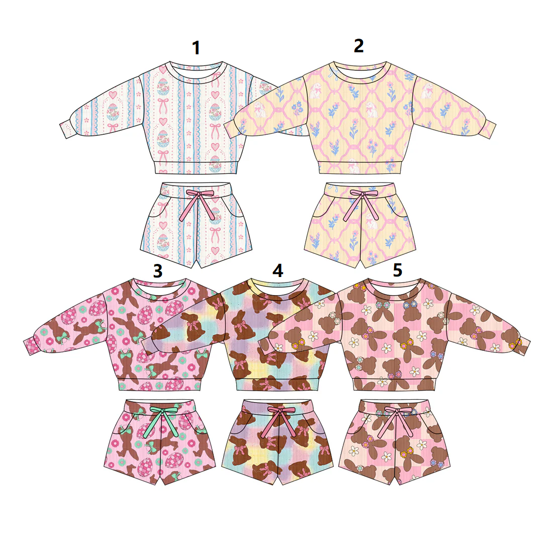 ( Moq 5 Each Style ) Sibling Baby Girls Long Sleeves Rabbits Eggs Bows Shirt Pockets Shorts Easter Sets