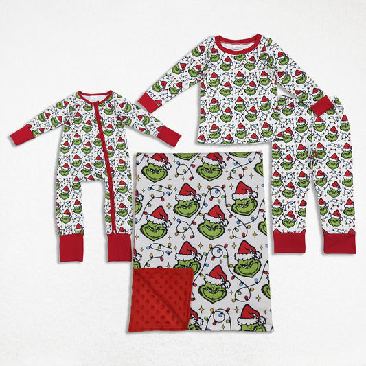 Sibling Boys Kids Long Sleeves Green Faces Lights Christmas Blanket Zipper Romper Pajamas Set RTS
