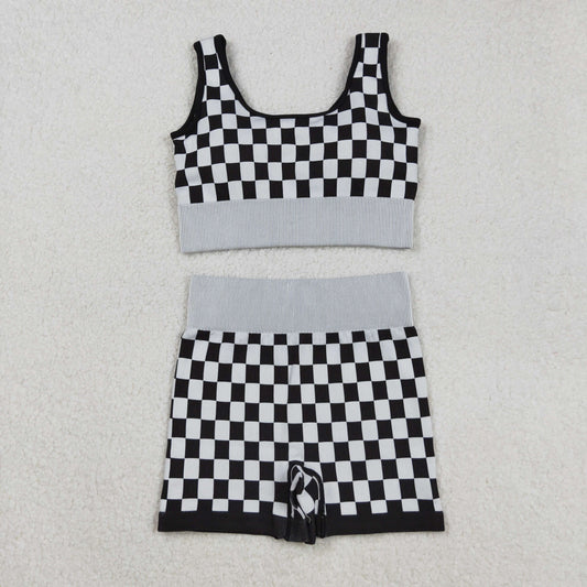 Adult Woman Sleeveless Black Checkered Tank Tops Shorts Knitted Yoga Set RTS