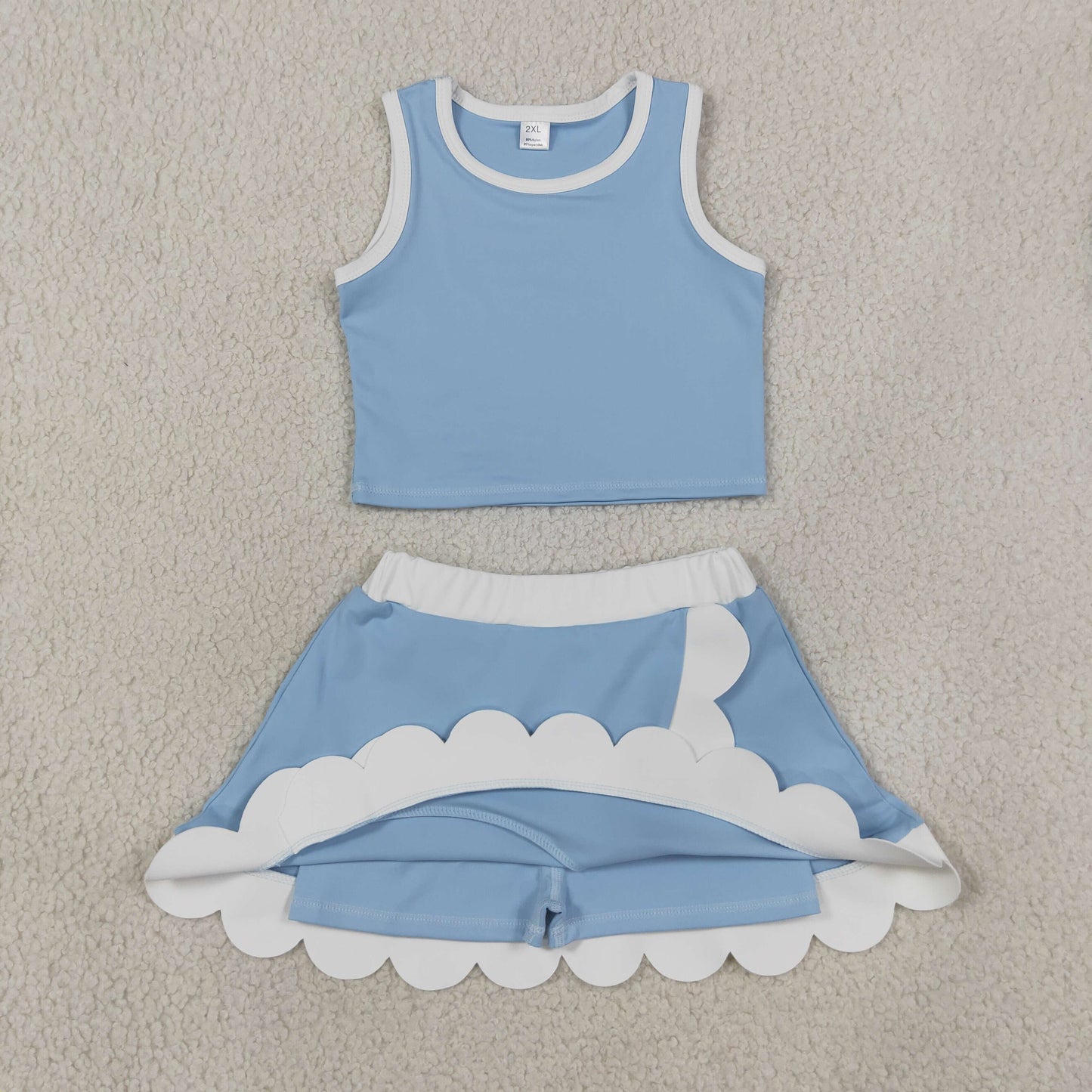 Baby Girls Kids Blue Shirt Scallop Green Skirt Shorts Yoga Active Set Clothes RTS