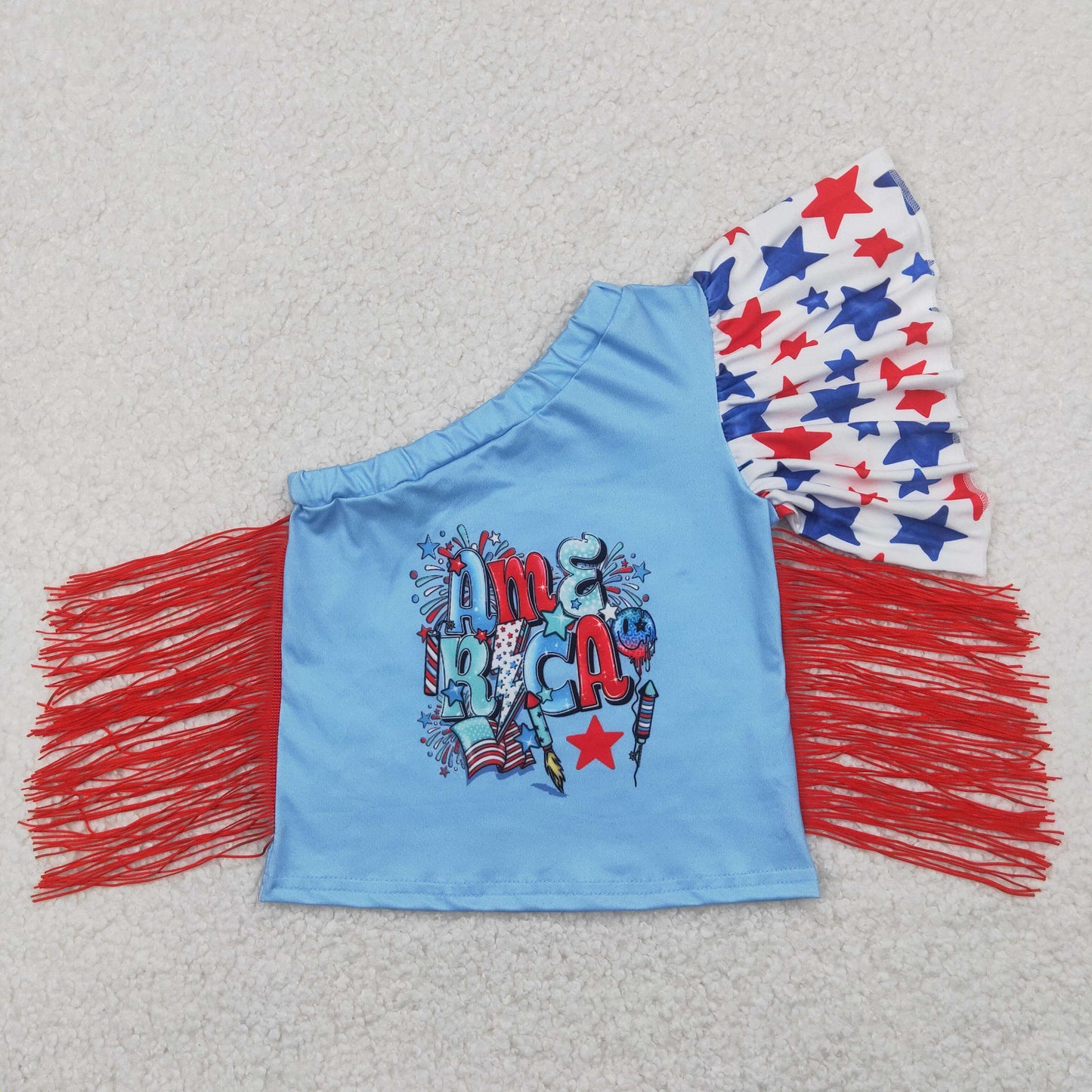 Baby Girl One Shoulder 4th Of July Stars Tassels Blue Tops RTS