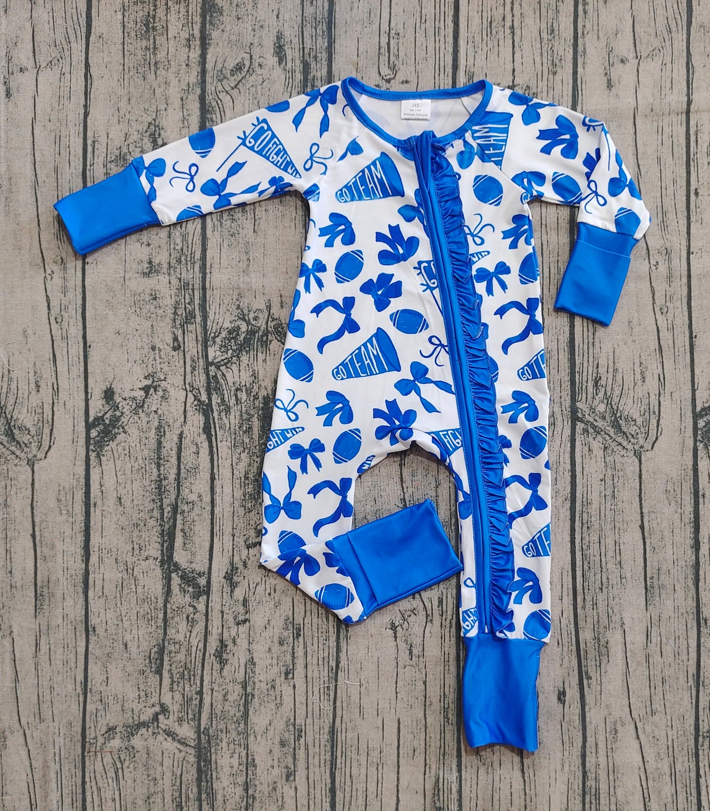 Baby Girl Long Sleeves Football Bows Team Cheer Blue Zipper Romper RTS