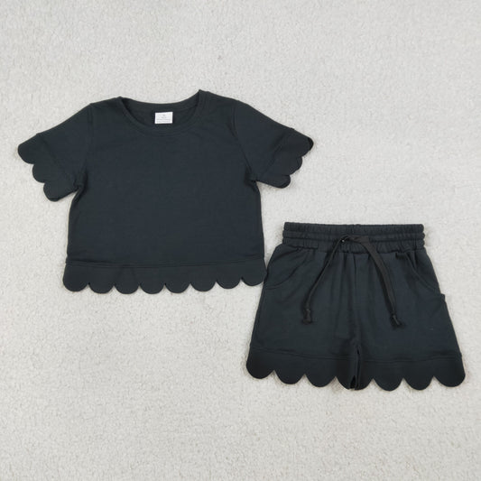 Baby Girls Kids Short Sleeves Black Shirt Scallop Shorts Summer Clothes Set RTS