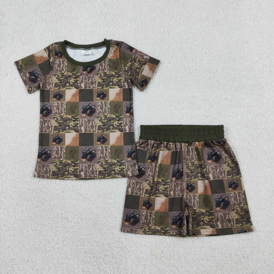 Baby Boys Kids Short Sleeves Tractors Camo Plaid Shirt Shorts Summer Pajamas Set RTS