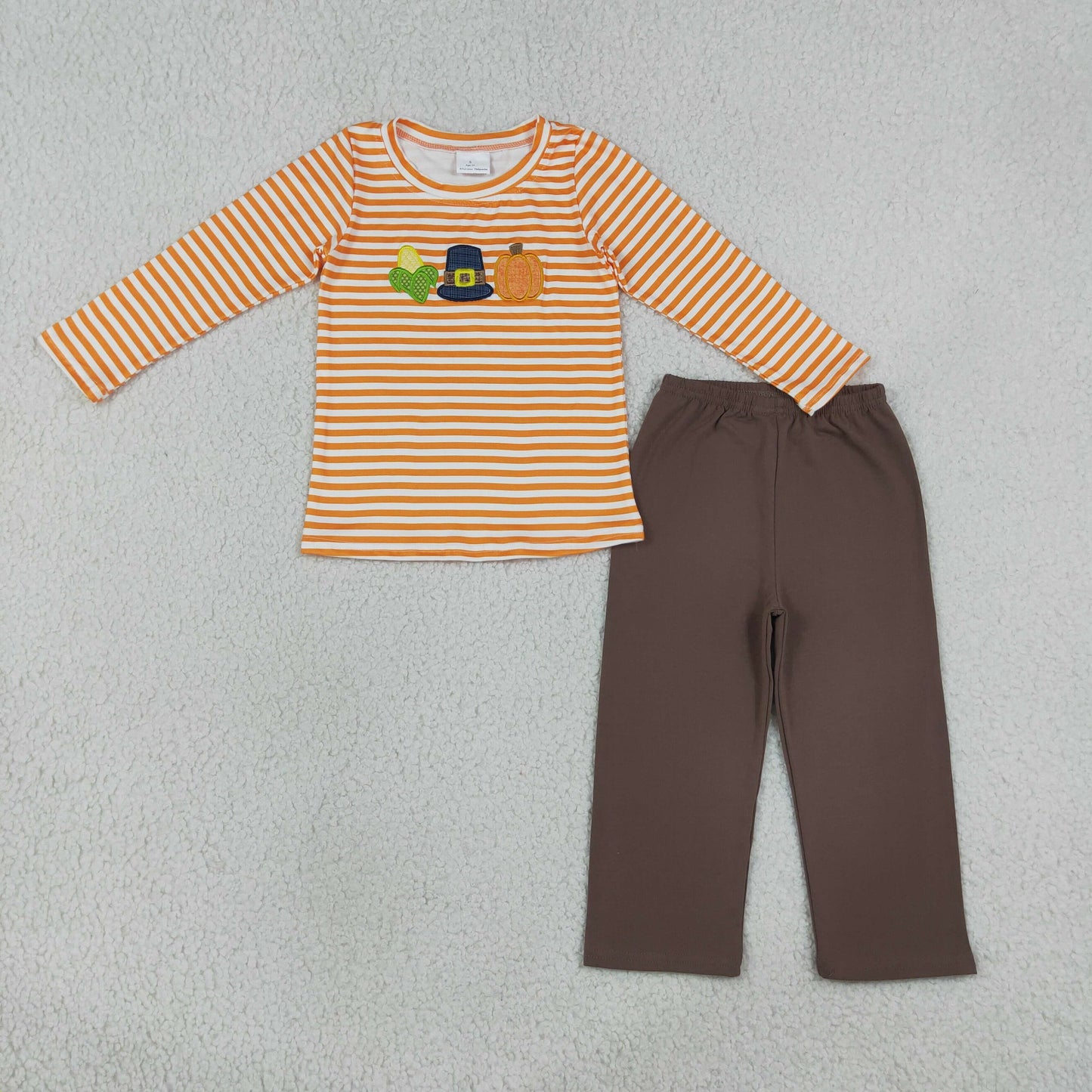 Baby Boys Kids Embroidery Pumpkin Stripes Shirt Pants Set Fall Clothes RTS
