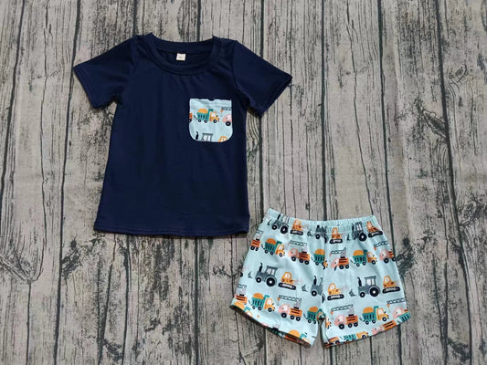 ( Moq 5 ) Baby Boy Short Sleeves Pocket Shirt Construction Trucks Shorts Set