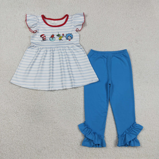 Baby Girls Short Sleeves Stripes Reading Tunic Blue Ruffle Pants Clothes Set RTS
