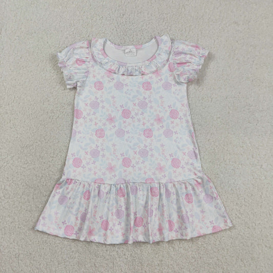 Baby Girls Kids Short Sleeves Purple Pink Flower Ruffle Knee Length Dress RTS