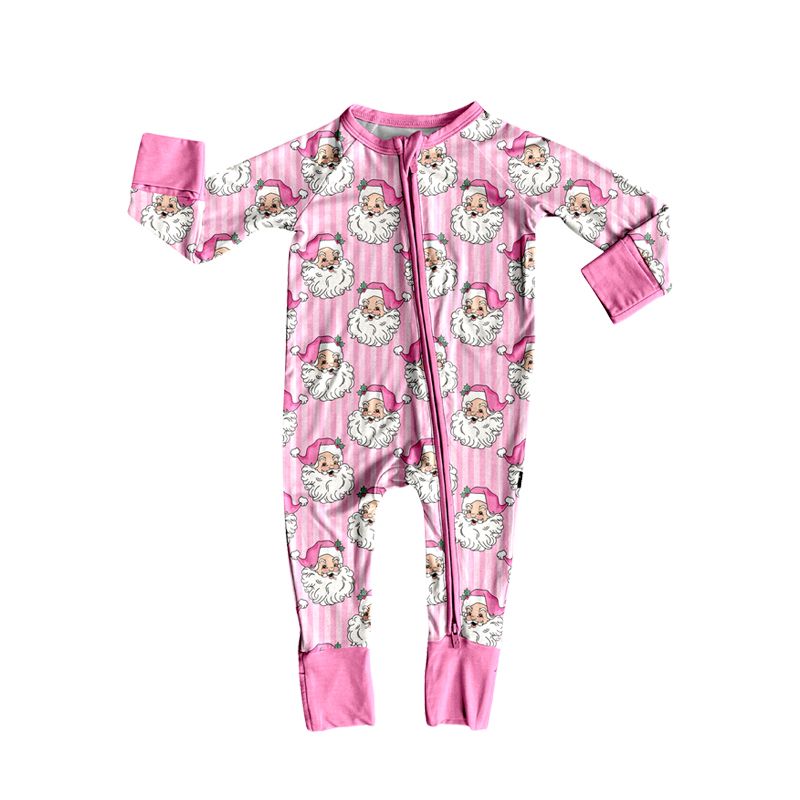( Moq 5 ) Preorder Baby Girls Kids Christmas Santa Pink Stripes Zipper Sleeper Footie Romper Clothes
