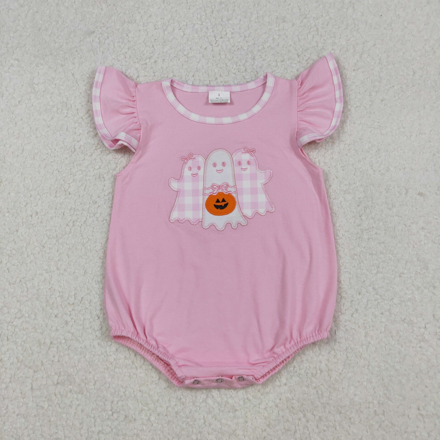 Baby Girl Short Sleeves Embroidery Ghost Pumpkin Halloween Pink Bubble Romper RTS