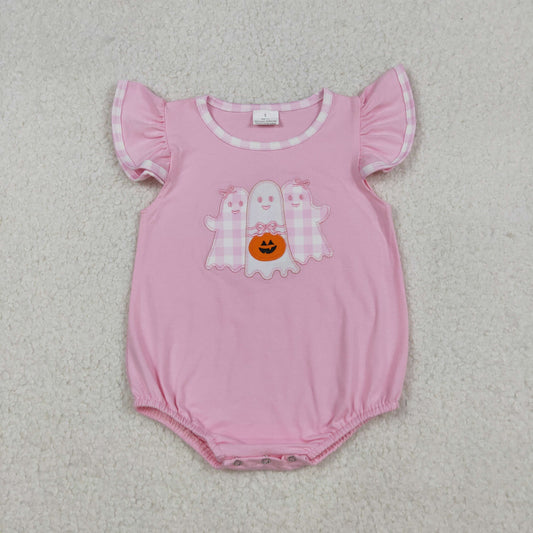 Baby Girl Short Sleeves Embroidery Ghost Pumpkin Halloween Pink Bubble Romper RTS
