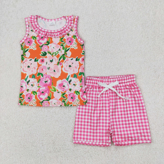 Baby Girl Sleeveless Flower Tops Pink Plaid Shorts Set RTS
