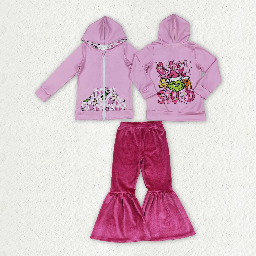 Baby Girl Kids Long Sleeves Zipper Hoodie Face Tops Velvet Pants Set Christmas Clothes RTS