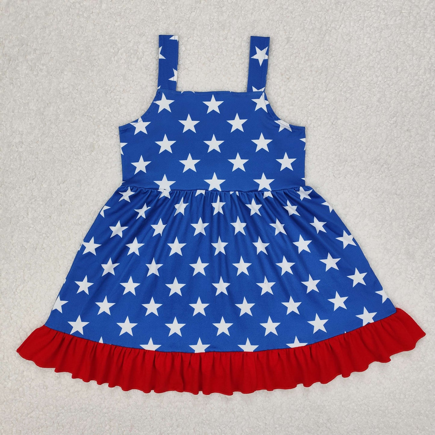 Baby Girl Sleeveless July 4th Stars Knee Length Red Bow Dress RTS
