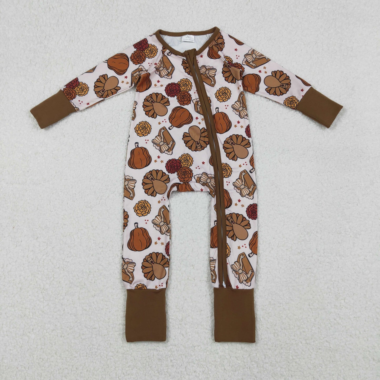 Girls Kids turkey Pumpkin Pie Fall Thanksgiving Zipper Sleeper Romper RTS