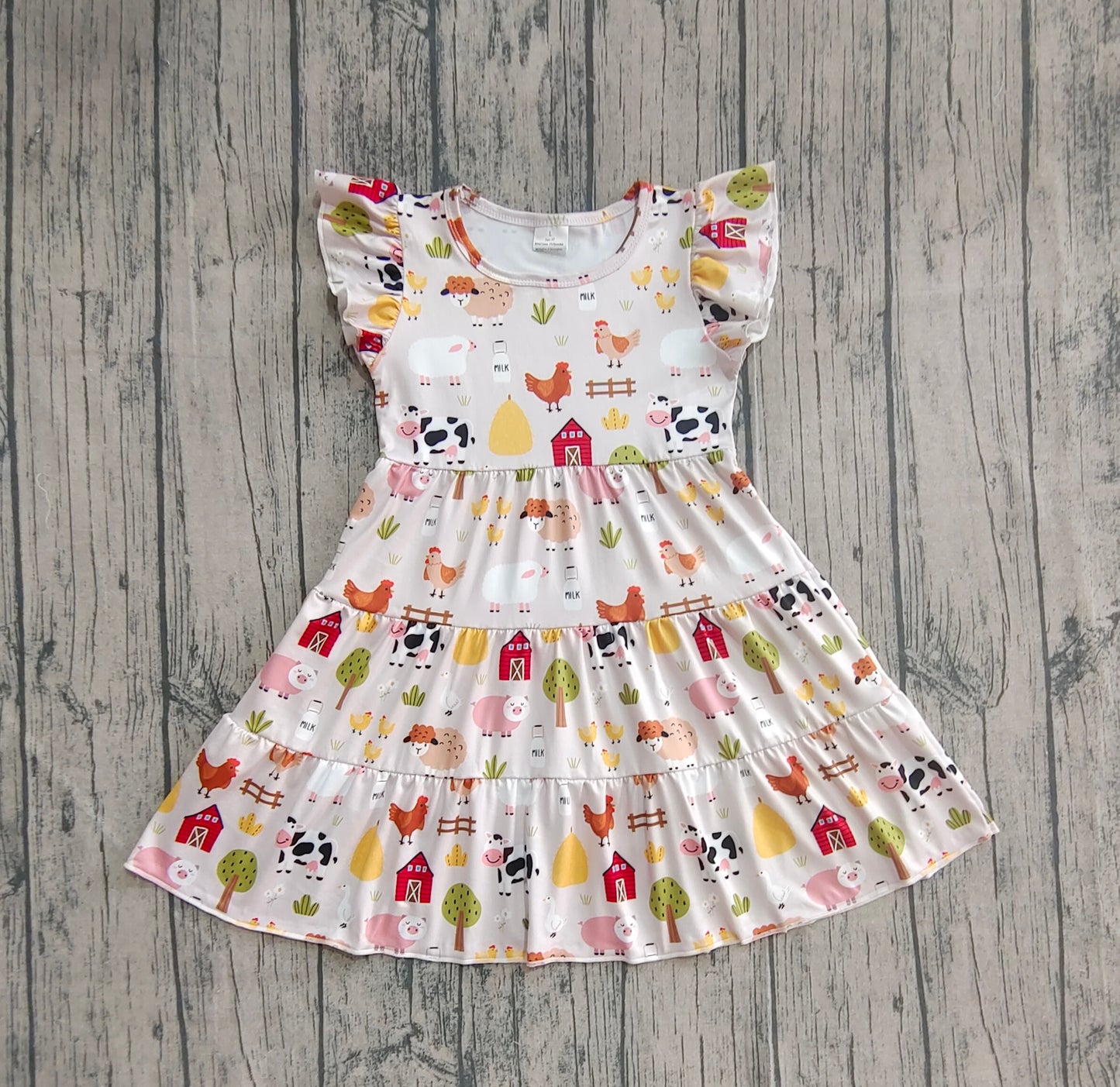 Baby Girl Short Sleeves Farm Animals Knee Length Dress RTS
