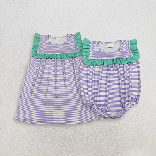 Sibling Baby Girls Kids Short Sleeves Stripes Ruffle Bubble Romper Knee Length Dress Clothes RTS