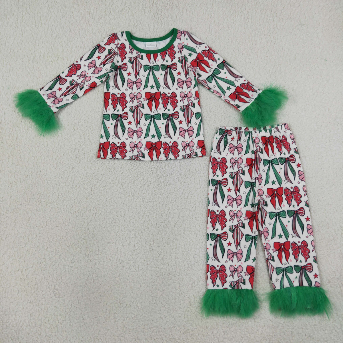 Baby Girls Kids Long Sleeves Christmas Bows Shirt Green Fur Pants Set Pajamas Clothes RTS