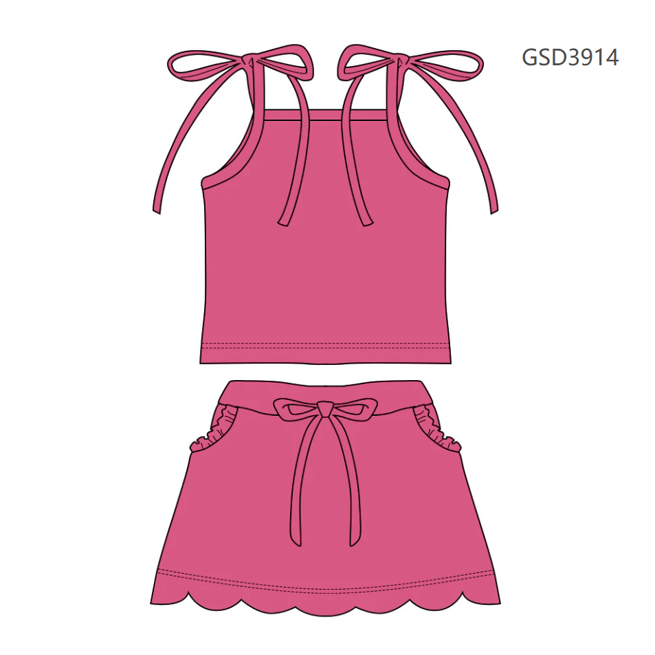 ( Moq 5 ) Preorder Baby Girls Straps Pink Tops Pockets Scallop Skirt Shorts Set Clothes