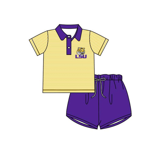 ( Moq 5 ) Baby Boy Short Sleeves Stripes Buttons LSU Tiger Shirt Purple Shorts Set