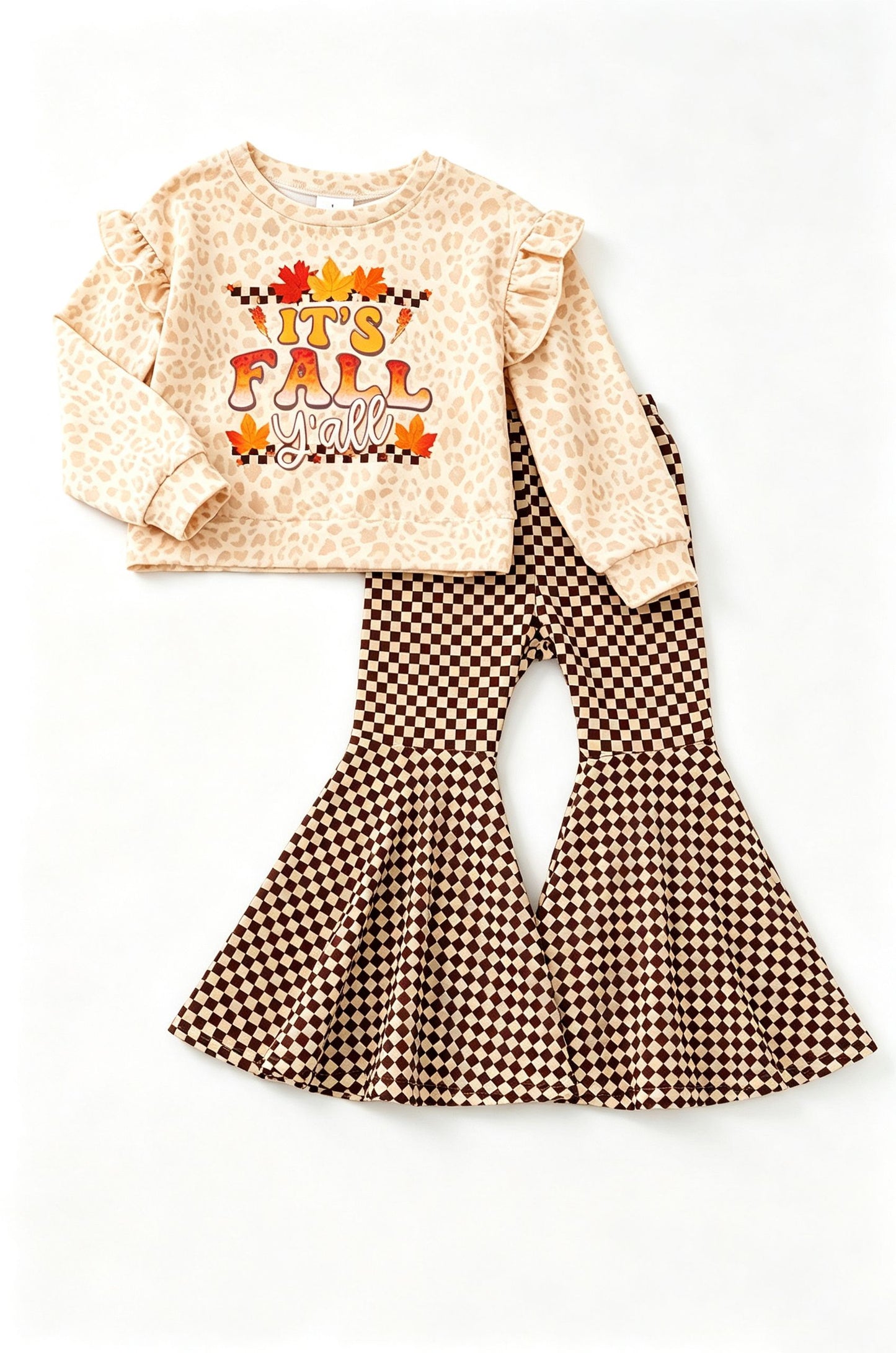 ( Moq 5 ) Preorder Baby Girls Kids Long Sleeves Leopard Shirt Plaid Bell Pants Fall Set Clothes