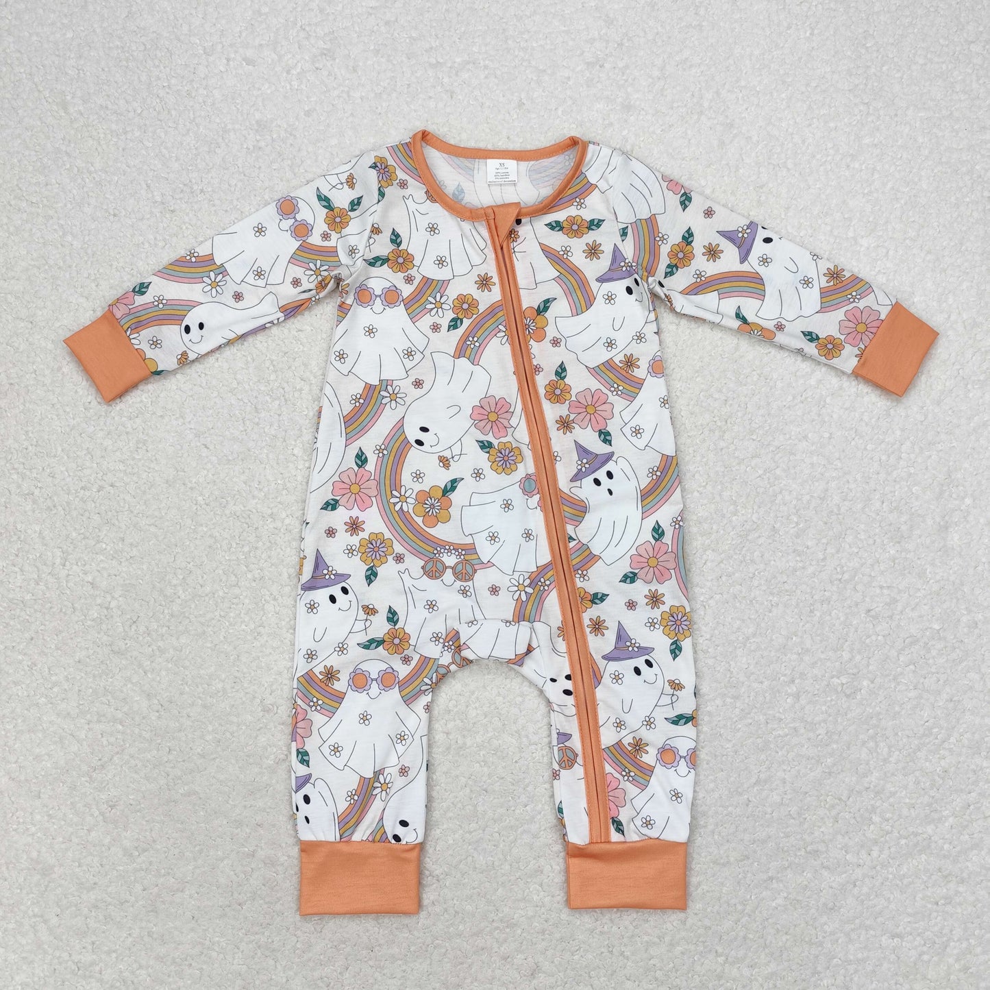 Baby Girl Bamboo Long Sleeves Halloween Fall Ghost Rainbow Flower Zipper Romper