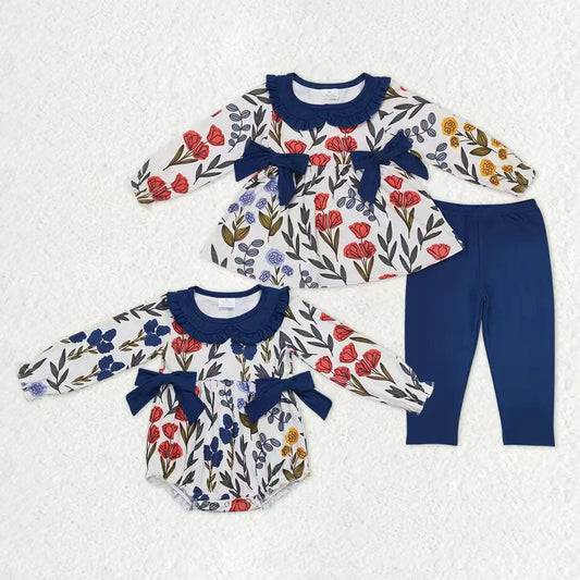 Sibling Baby Girls Kids Long Sleeves Flower Navy Bows Bubble Romper Set Clothes RTS