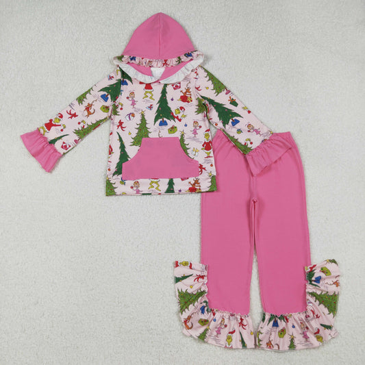 Baby Girl Long Sleeves Green Face Tree Hoodie Pocket Shirt Pink Pants Christmas Set RTS