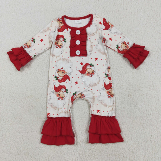 Baby Girl Long Sleeves Christmas Santa Red Ruffle Buttons Romper RTS