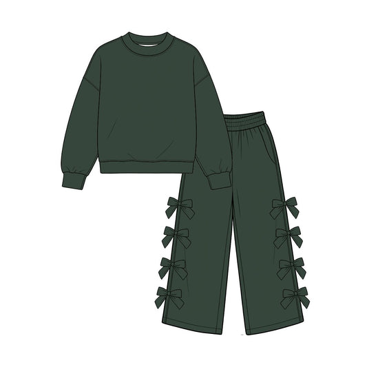 ( Moq 5 ) Preorder Baby Girls Kids Long Sleeves Green Shirt Bows Pants Set Cotton Clothes