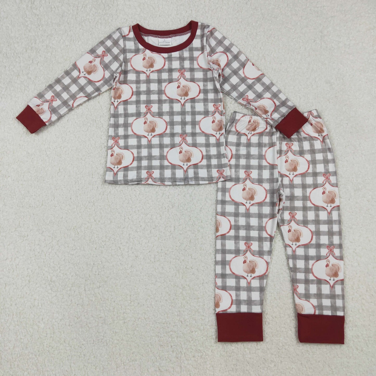Girls Kids turkey Bows Plaid Shirt Pants Thanksgiving Pajamas Clothes Set RTS