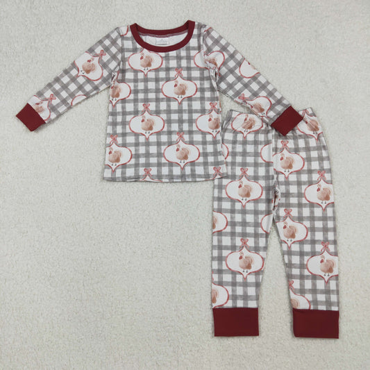 Girls Kids turkey Bows Plaid Shirt Pants Thanksgiving Pajamas Clothes Set RTS