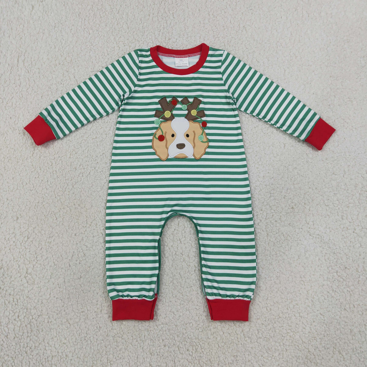 Baby Boy Kids Long Sleeves Embroidery Christmas Dog Green Stripes Romper Clothes RTS