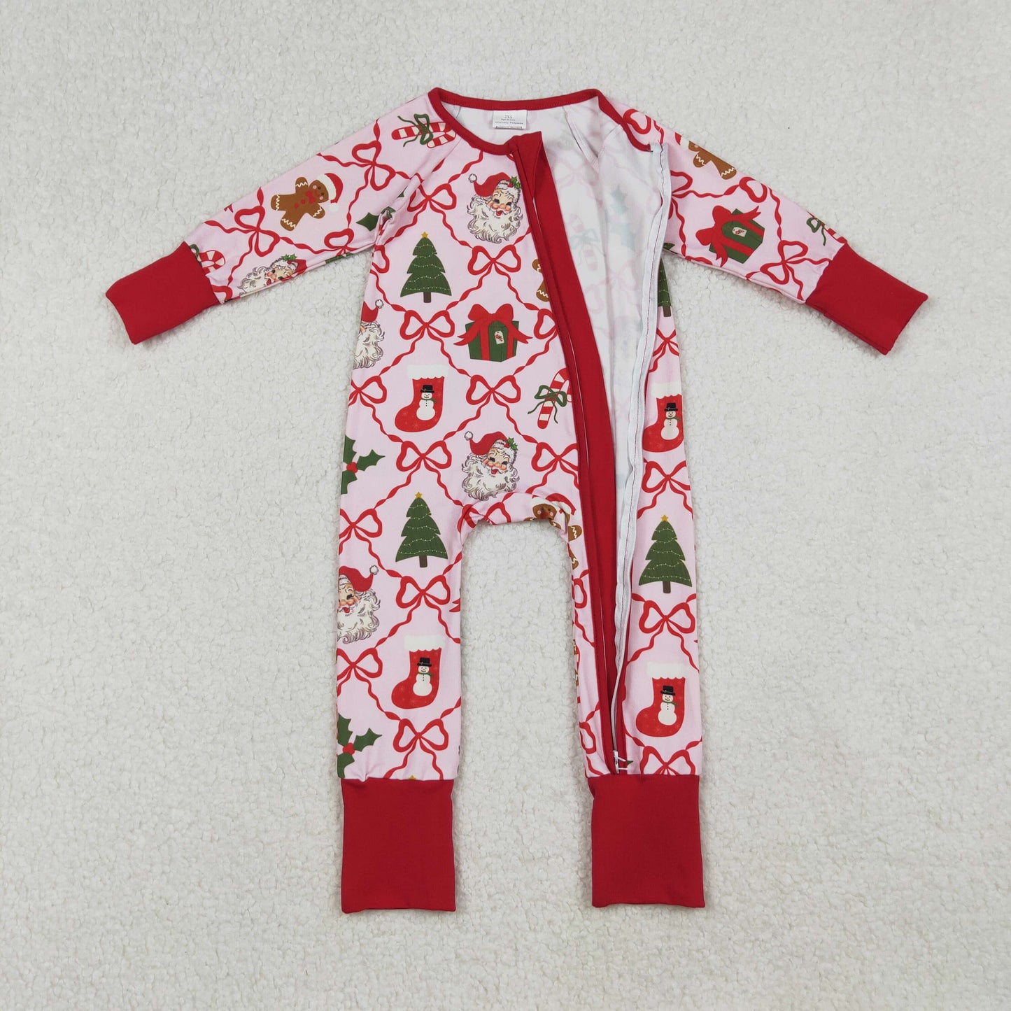 Girls Infant Long Sleeves Gingerbread Bows Santa Zipper Pajamas Footie Romper