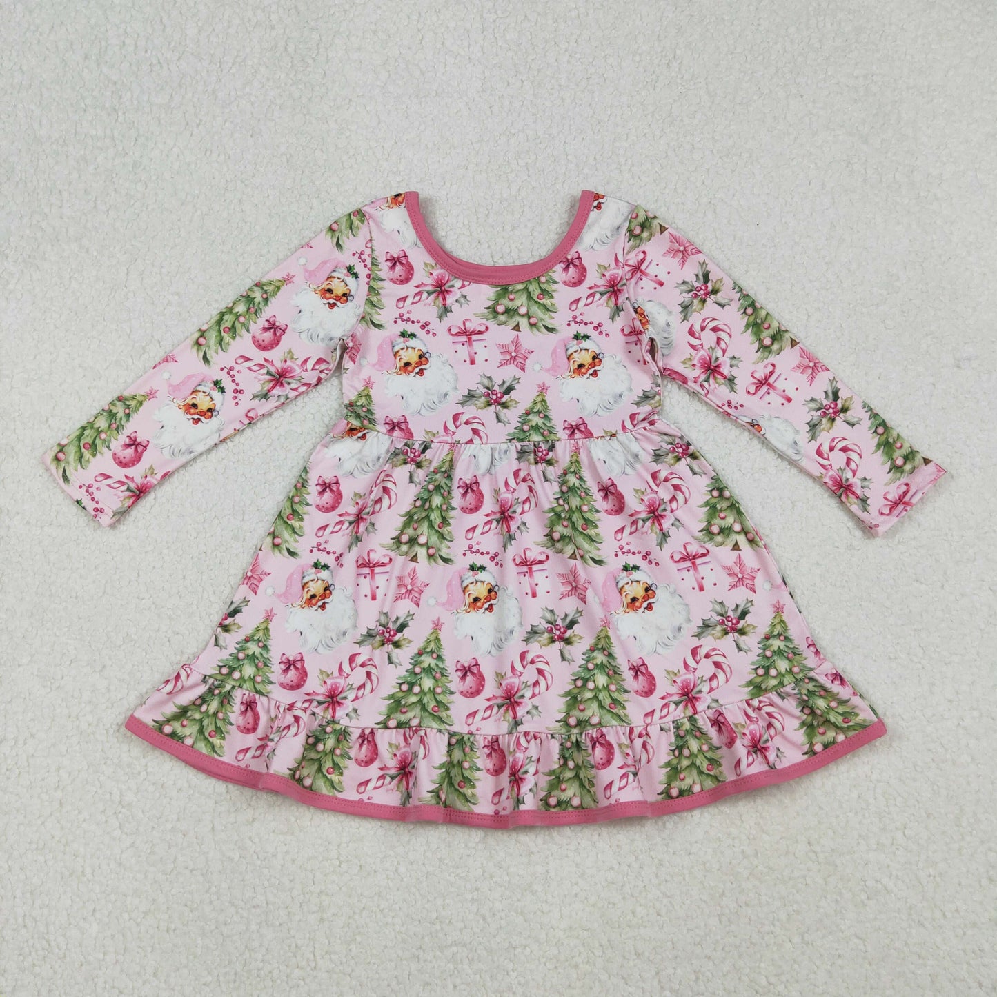 Baby Girl Pink Long Sleeves Santa Tree Christmas Knee Length Dress RTS