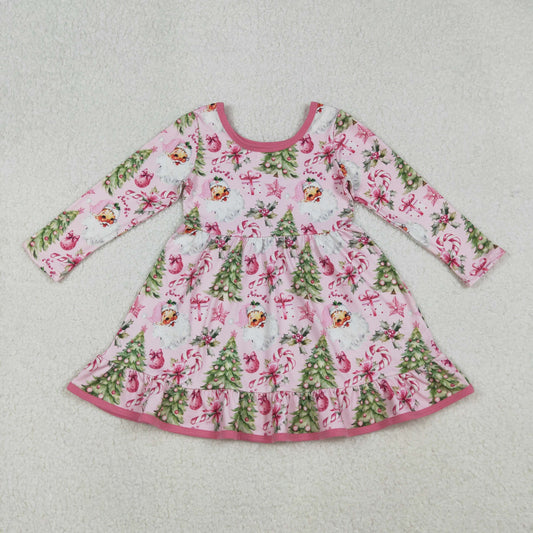 Baby Girl Pink Long Sleeves Santa Tree Christmas Knee Length Dress RTS