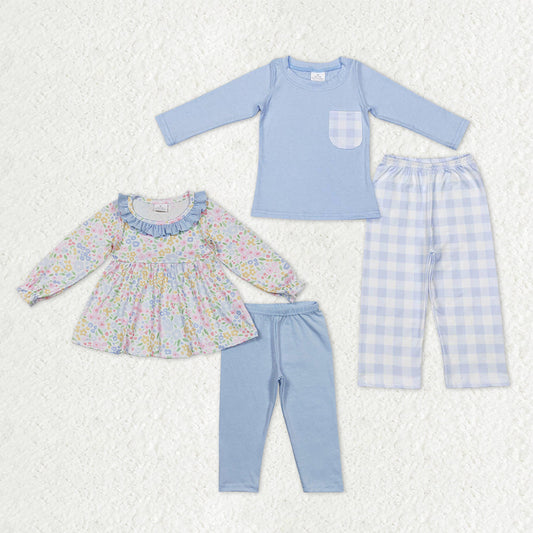 Sibling Baby Boys Girls Kids Long Sleeves Tops Pants Flower Plaid Outfits Clothes RTS
