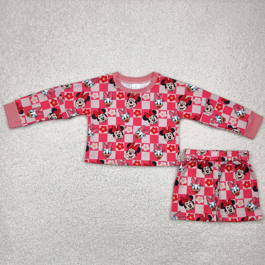 Baby Girl Long Sleeves Mouse Flower Checked Shirt Shorts Cartoon Set RTS