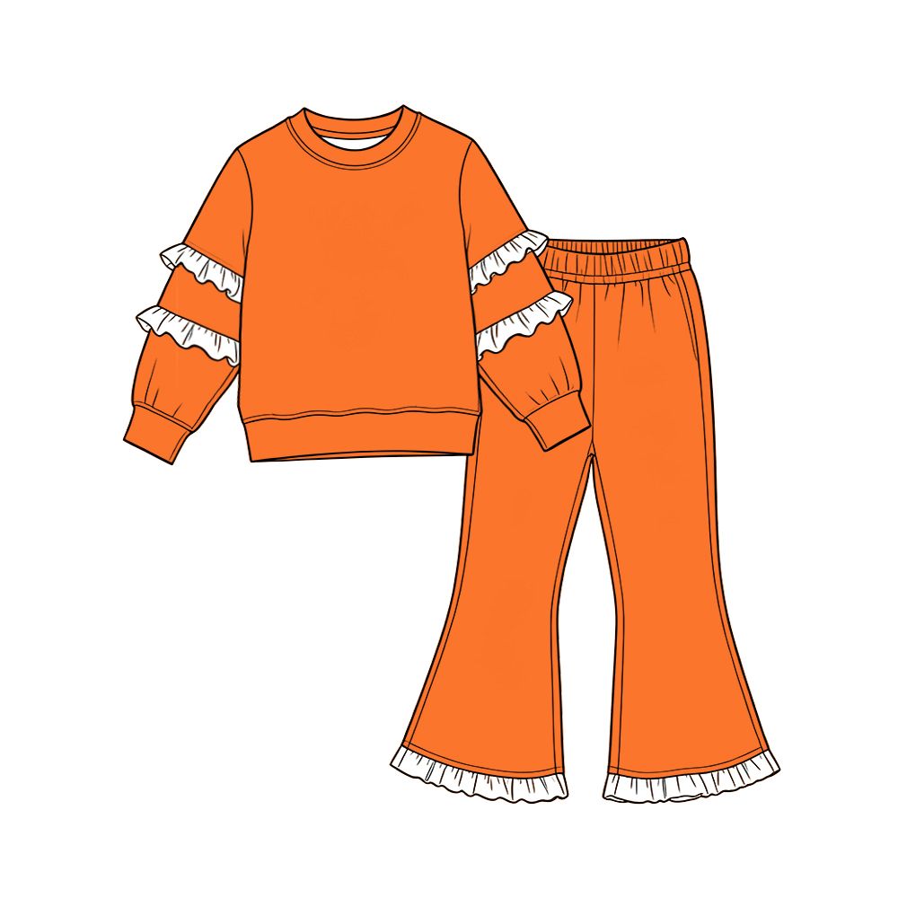 ( Moq 5 ) Preorder Baby Girls Kids White Ruffle Long Sleeves Shirt Pockets Pants Cotton Set Orange Clothes