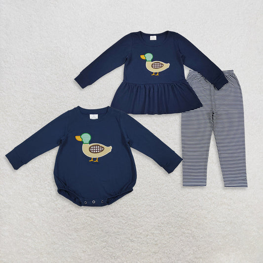 Sibling Baby Boys Girls Long Sleeves Embroidery Ducks Romper Set Cloths RTS