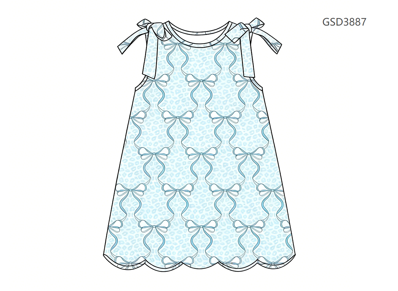 ( Moq 5 ) Preorder Baby Girls Kids Sleeveless Blue Bows Leopard Knee Length Dress